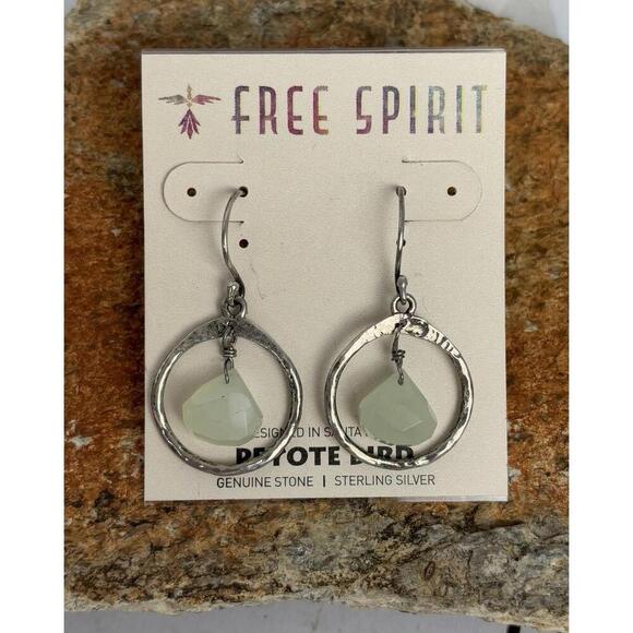 Peyote Bird Green Calcite Stone Sterling Hoop Earrings J023 - Picture 1 of 4